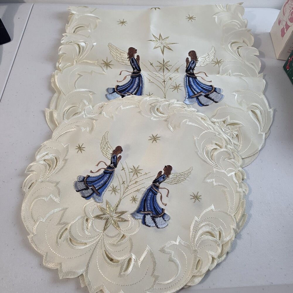 Embroidered & Hand-Cut Doily Place Mat Set Of 4 11x11" & Runner 15×34" Angels